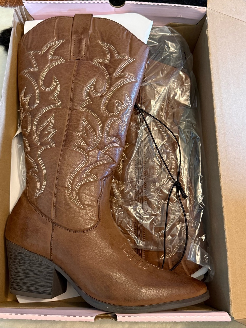 pop Brown Western Embroidered Mid-Calf Combat Boots